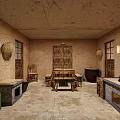 Traditional Rustic Interior With Earthen Walls Wooden Table Benches Clay Pots And Woven Baskets