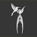Two White Birds Sculpture With Spread Wings And Long Tail Feathers On Dark Reflective Background