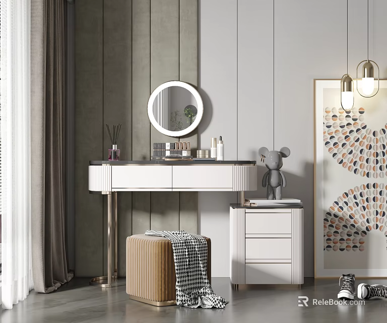 Elegant Modern Dressing Table Interior With Round Mirror Stool And Decorative Lamp 3d model
