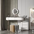 Elegant Modern Dressing Table Interior With Round Mirror Stool And Decorative Lamp 3d model