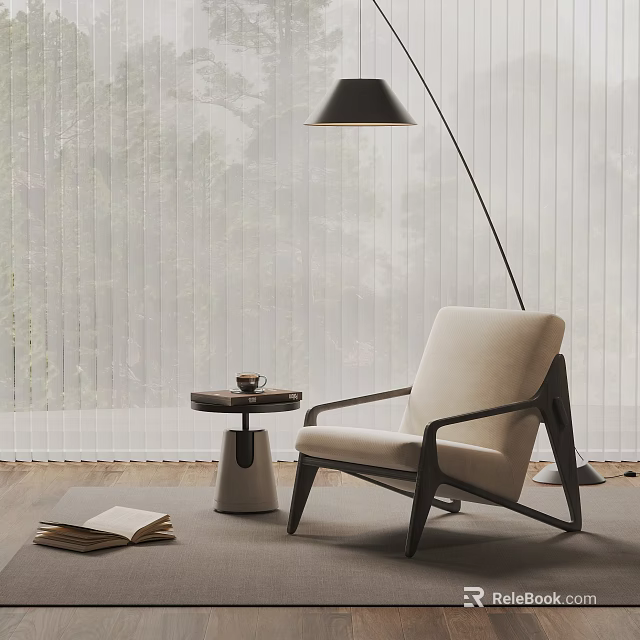 Beige Leisure Chair With Wooden Legs Round Side Table And Floor Lamp By Roller Blinds 3d model 