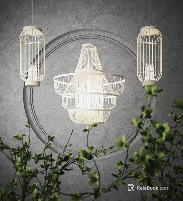 Modern White Layered Chandelier With Cage Pendant Lights Against Gray Wall And Green Plant Decor 3d model 