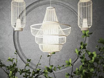Modern White Layered Chandelier With Cage Pendant Lights Against Gray Wall And Green Plant Decor 3d model