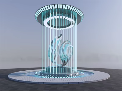 Modern Outdoor Landscape Sculpture With Blue Illuminated Curved Metal And Circular Base 3d model