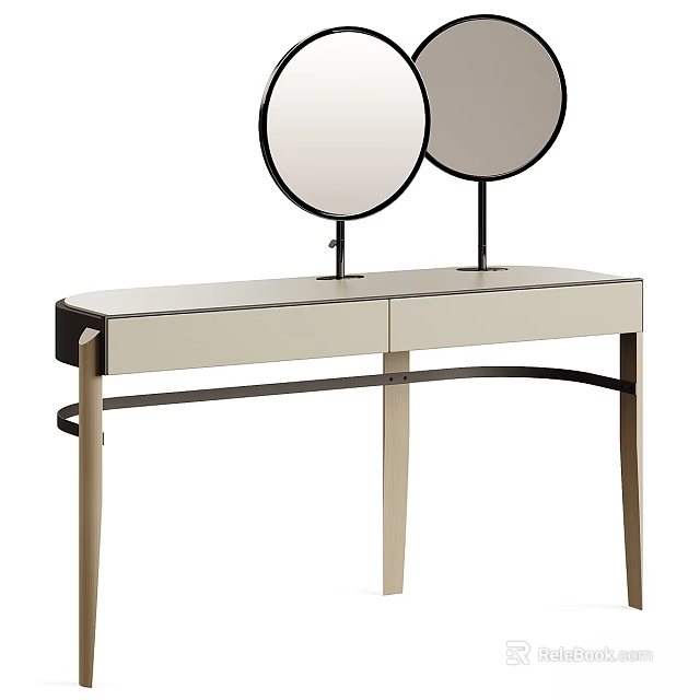 Modern Dressing Table With Double Round Mirrors Light Wood Top And Metal Legs 3d model 