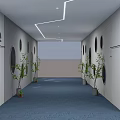 Modern Elevator Hallway With White Structure Circular Cutouts Green Plants And Gray Stone Tile Floor