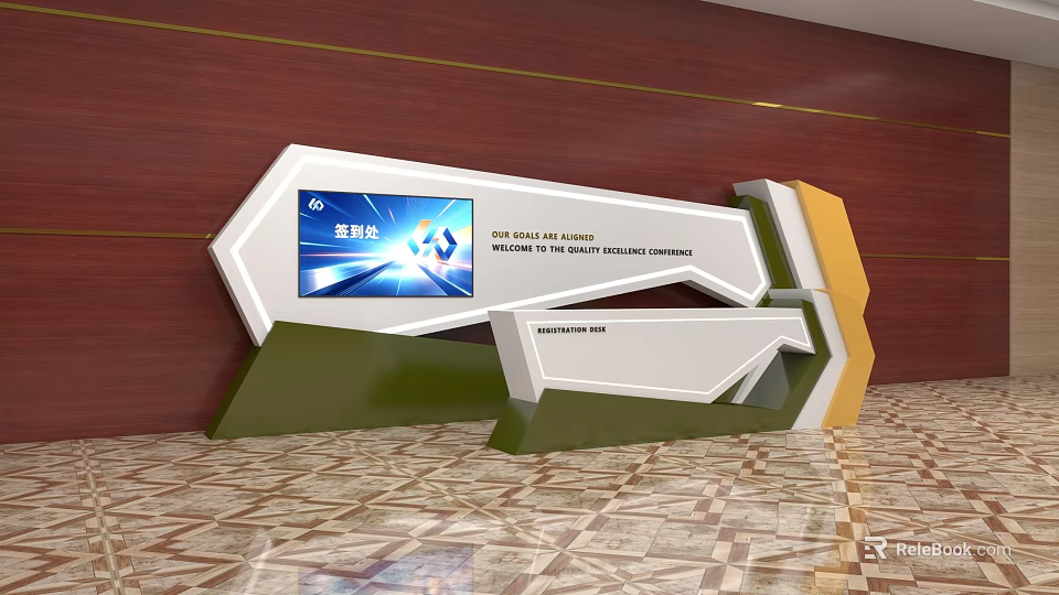 Modern Sign In Desk Design With Digital Screen Wooden Background And Green White Structure 3d model 