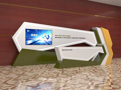 Modern Sign In Desk Design With Digital Screen Wooden Background And Green White Structure 3d model