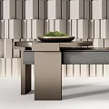 Modern Reception Desk With Geometric Texture Background Wall And Green Plant On Countertop