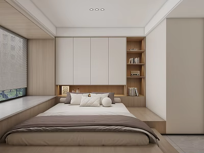 Modern Tatami Bedroom Interior With Cozy Bed Storage Cabinets And Wooden Bookshelves 3d model