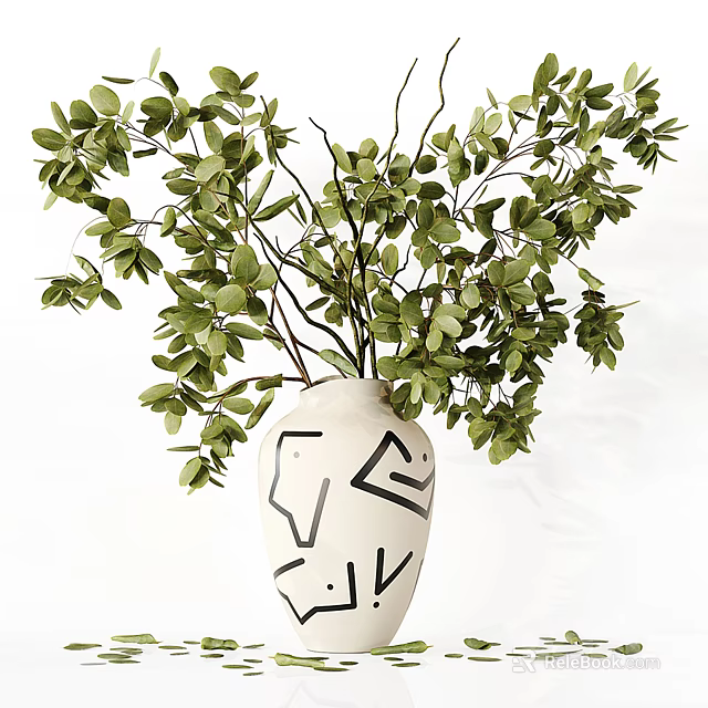 Decorative White Vase With Black Abstract Geometric Patterns And Green Foliage 3d model