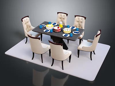 Elegant Black Dining Table With Six White Padded Chairs On White Mat And Tableware 3d model