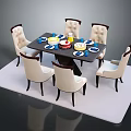 Elegant Black Dining Table With Six White Padded Chairs On White Mat And Tableware