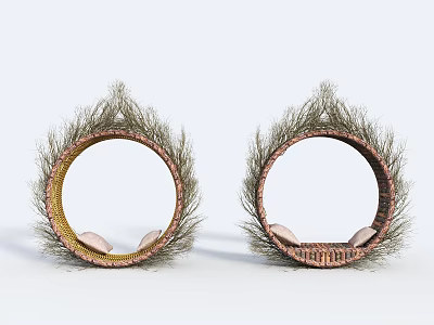Unique Round Outdoor Chairs With Fuzzy Decorative Edges Brown Frame And Beige Seats 3d model