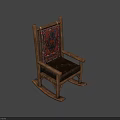 Wooden Rocking Chair With Patterned Backrest Cushion And Brown Leather Seat