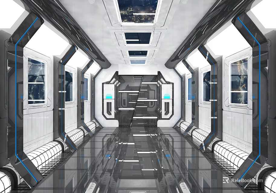 Futuristic Corridor Interior With White Blue Design Transparent Floor And Skylights 3d model 
