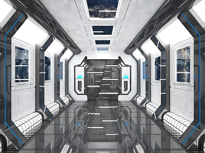 Futuristic Corridor Interior With White Blue Design Transparent Floor And Skylights 3d model