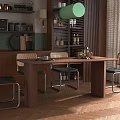 Modern Wooden Dining Table With Metal Chairs And Kitchen Shelves Interior