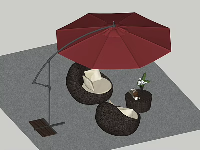 Outdoor Landscape Seats Brown Woven Rattan with Curved Red Parasol Small Side Table White Flowers 3d model