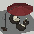 Outdoor Landscape Seats Brown Woven Rattan with Curved Red Parasol Small Side Table White Flowers