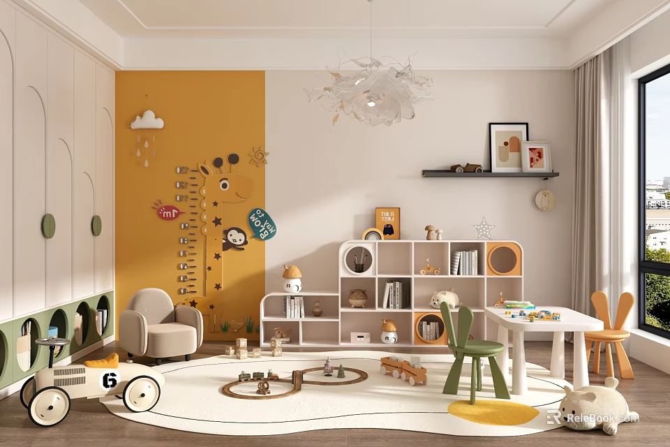 Cheerful Kids Room Interior Featuring Yellow Wall Cloud Stickers Height Chart Bookshelf And Playful Furniture 3d model 