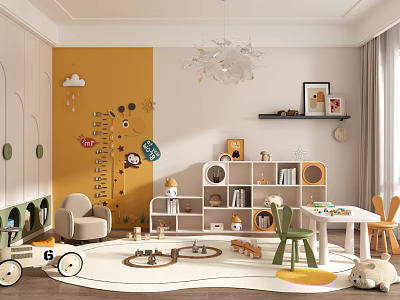 Cheerful Kids Room Interior Featuring Yellow Wall Cloud Stickers Height Chart Bookshelf And Playful Furniture 3d model