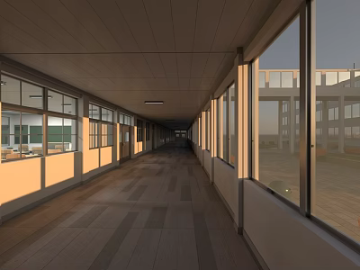 School Long Corridor With Well Lit Interior Windows On Both Sides Gray Flooring And Classrooms 3d model