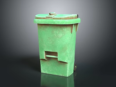 Green Metal Trash Bin With Lid Worn Surface And Rolling Wheels 3d model