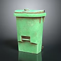 Green Metal Trash Bin With Lid Worn Surface And Rolling Wheels