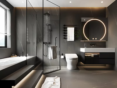 Modern Bathroom Interior Design With Black Tones Glass Shower Bathtub And Round Mirror 3d model