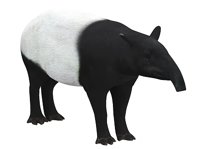 Black And White Malayan Tapir Standing With Long Snout And Hooves 3d model