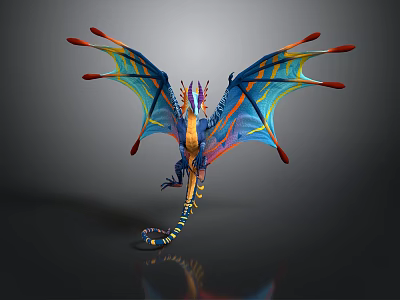 Mythical Winged Dragon With Colorful Wings And Vibrant Blue Yellow Red Scales 3d model