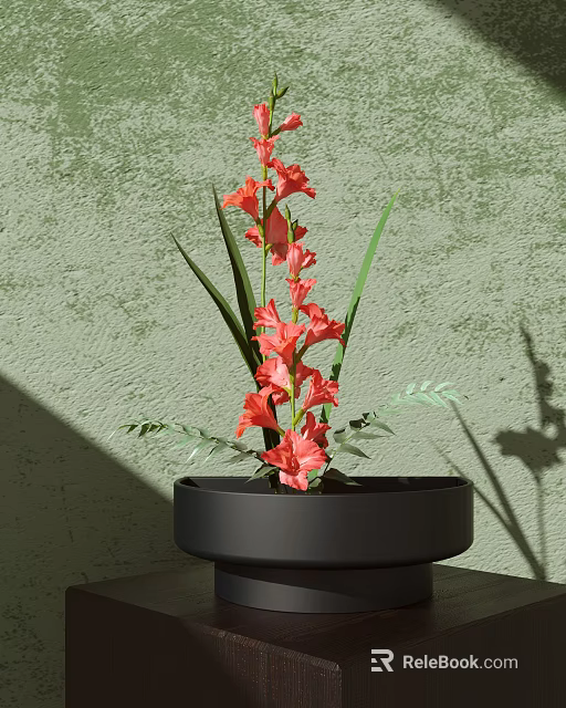 Elegant Ornamental Decor Set with Red Gladiolus Black Pot Green Leaves and Green Wall 3d model 