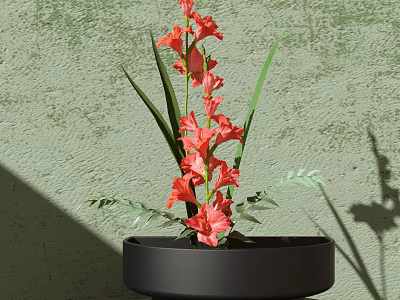 Elegant Ornamental Decor Set with Red Gladiolus Black Pot Green Leaves and Green Wall 3d model