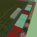 Outdoor Tennis Courts With Green Surface Red Surroundings Fenced Area And People Playing