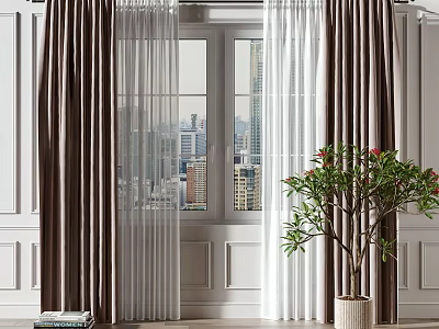 Elegant Brown Curtains With White Sheer For Window With City View And Indoor Plant 3d model