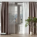 Elegant Brown Curtains With White Sheer For Window With City View And Indoor Plant