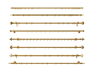 Golden Curtain Rods In Different Styles With Decorative Ends And Hooks 3d model
