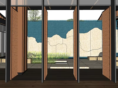 Tranquil Courtyard Garden With Wooden Framed Glass Doors Stone Wall Wavy Texture Lawn And Path 3d model