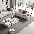 Modern Sofa Coffee Table Set With Beige Upholstery Marble Top Multiple Pillows And Floor Lamp