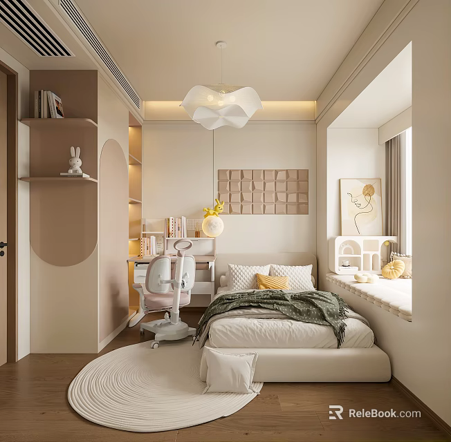 Cozy Kids Room Interior With Bed Desk Chair Shelf And Decorative Painting 3d model 