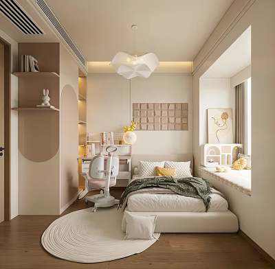 Cozy Kids Room Interior With Bed Desk Chair Shelf And Decorative Painting 3d model