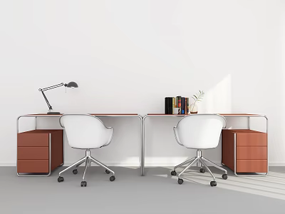 Two Modern Office Desks With White Chairs Lamp Books And Drawer Cabinets 3d model