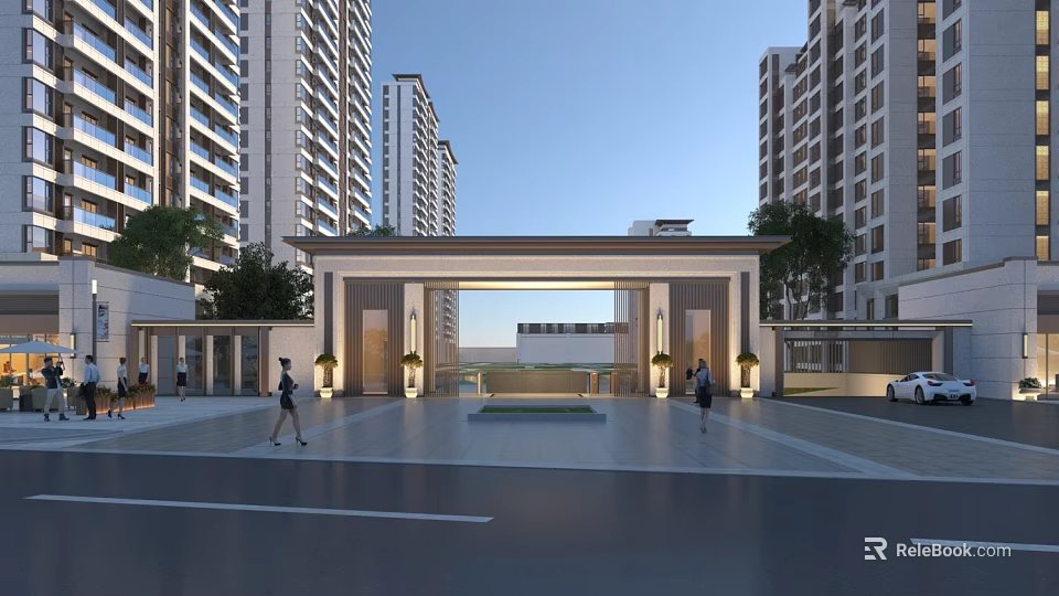 Elegant Entrance Gate With High Rise Residential Buildings Plaza Green Plants And Pedestrians 3d model