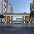 Elegant Entrance Gate With High Rise Residential Buildings Plaza Green Plants And Pedestrians 3d model