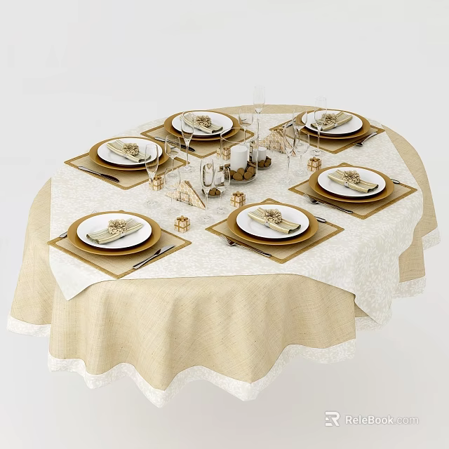 Elegant Tableware Set On Round Dining Table With Beige Tablecloth Napkins Cutlery And Wine Glasses 3d model 
