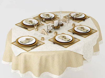 Elegant Tableware Set On Round Dining Table With Beige Tablecloth Napkins Cutlery And Wine Glasses 3d model