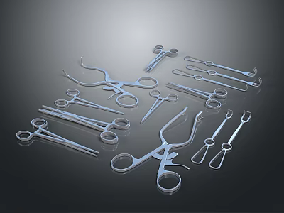 Various Stainless Steel Surgical Instruments Like Forceps Tweezers And Scissors On Black Surface 3d model