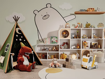 Kids Playroom Plush Toys With Dinosaur Plush Teepee Tent Bear Mural And Toy Shelves 3d model