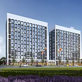 Modern High Rise Residential Buildings Exterior With Green Lawns Purple Flowers And Trees
